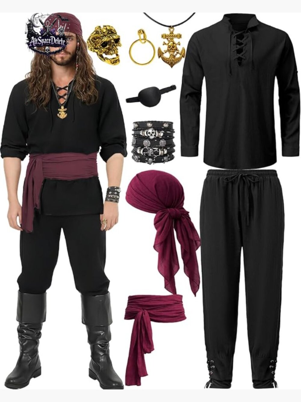 9 Piece Men's Pirate Costume Set, Renaissance Medieval Outfit with Shirt Pants